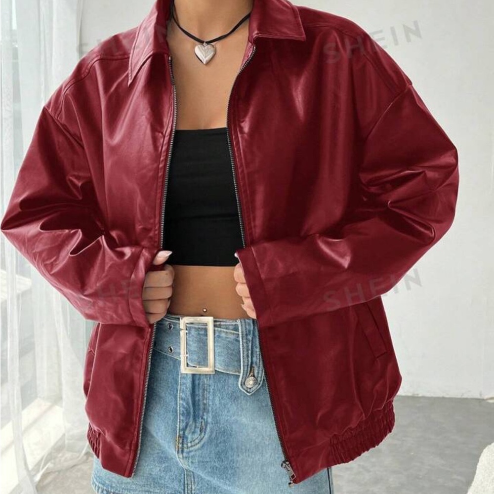 SHEIN EZwear Casual Off-Shoulder Zipped PU Leather Coat